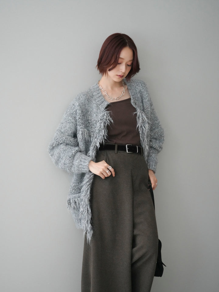 [予約]ミックスヤーンフリンジデザインニットジャケット/gray