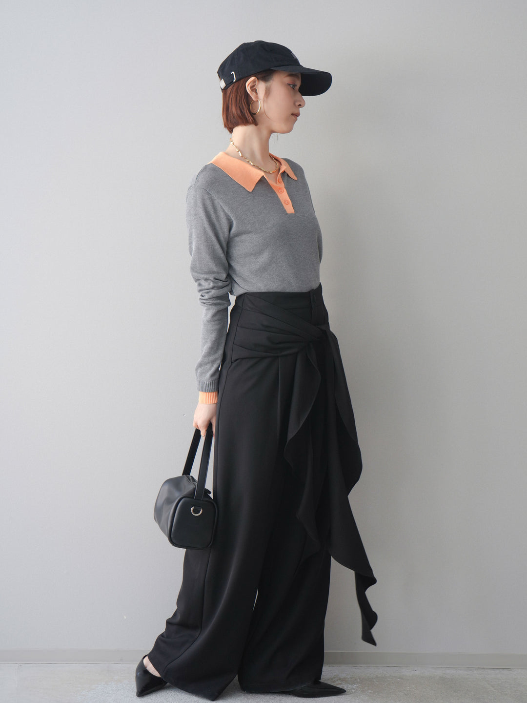 [SET]配色デザインシアーポロニット+ラッフルベルトワイドパンツ(2set)