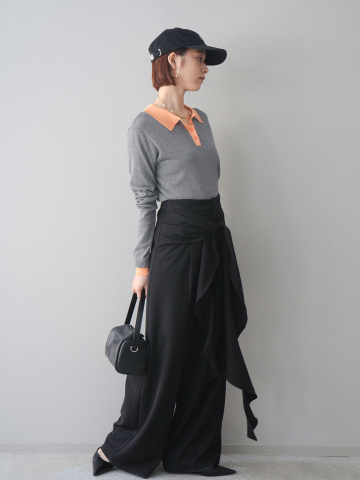 [SET]配色デザインシアーポロニット+ラッフルベルトワイドパンツ(2set)