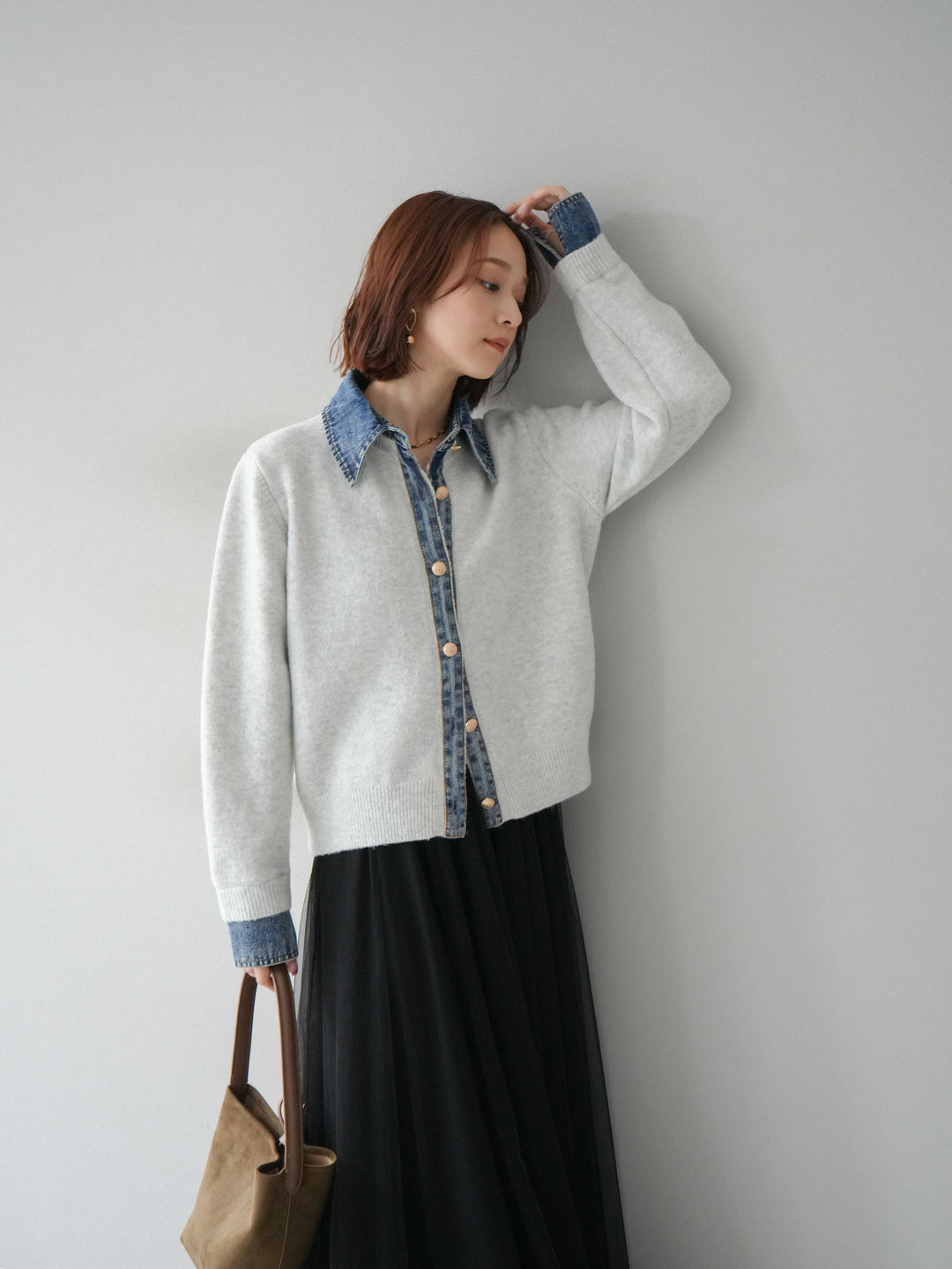 [SET]デニム襟ボタンニットカーディガン+チュールボリュームスカート(2set)