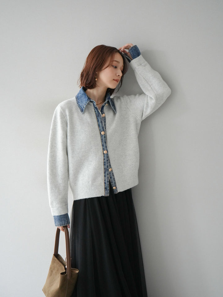 [SET]デニム襟ボタンニットカーディガン+チュールボリュームスカート(2set)