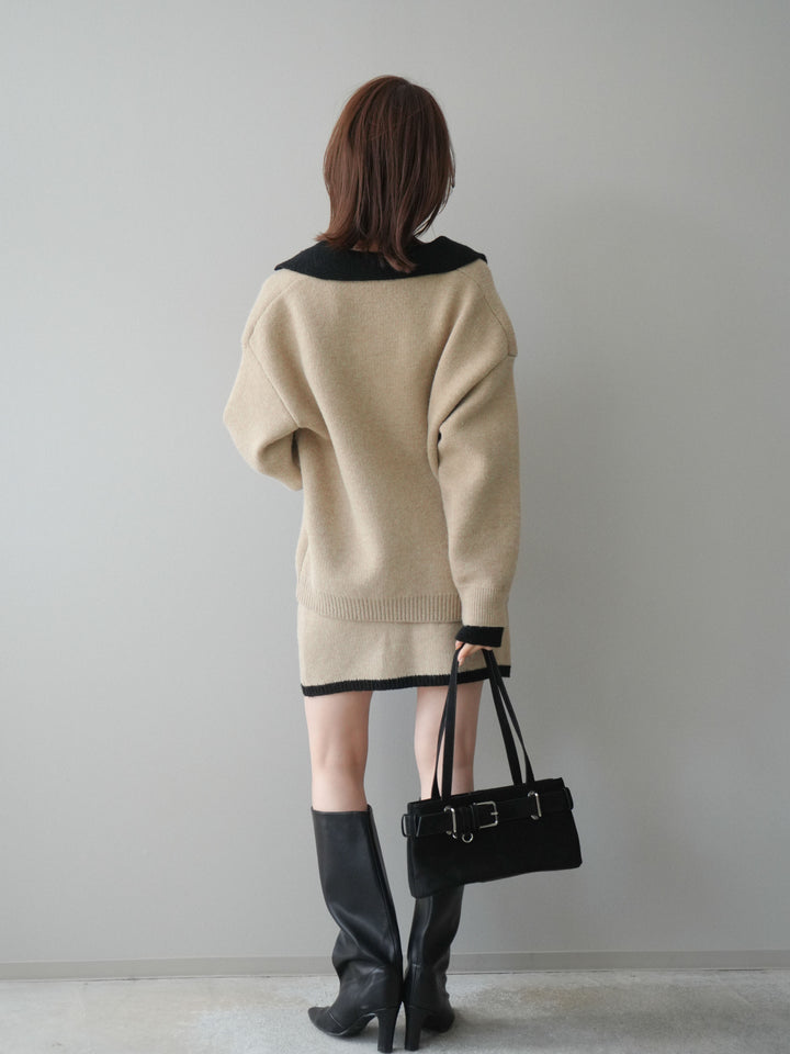 [SET]配色襟ニット＆ミニスカートSET UP+配色襟ニット＆ミニスカートSET UP(2set)