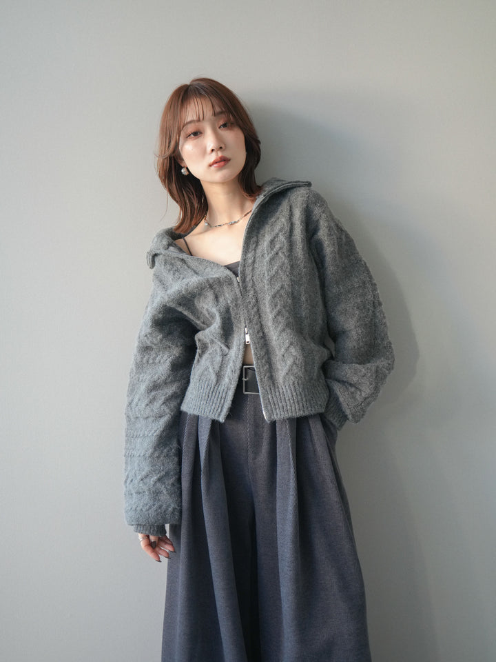 [予約]ケーブル編みハイネックZIPニットカーディガン/gray