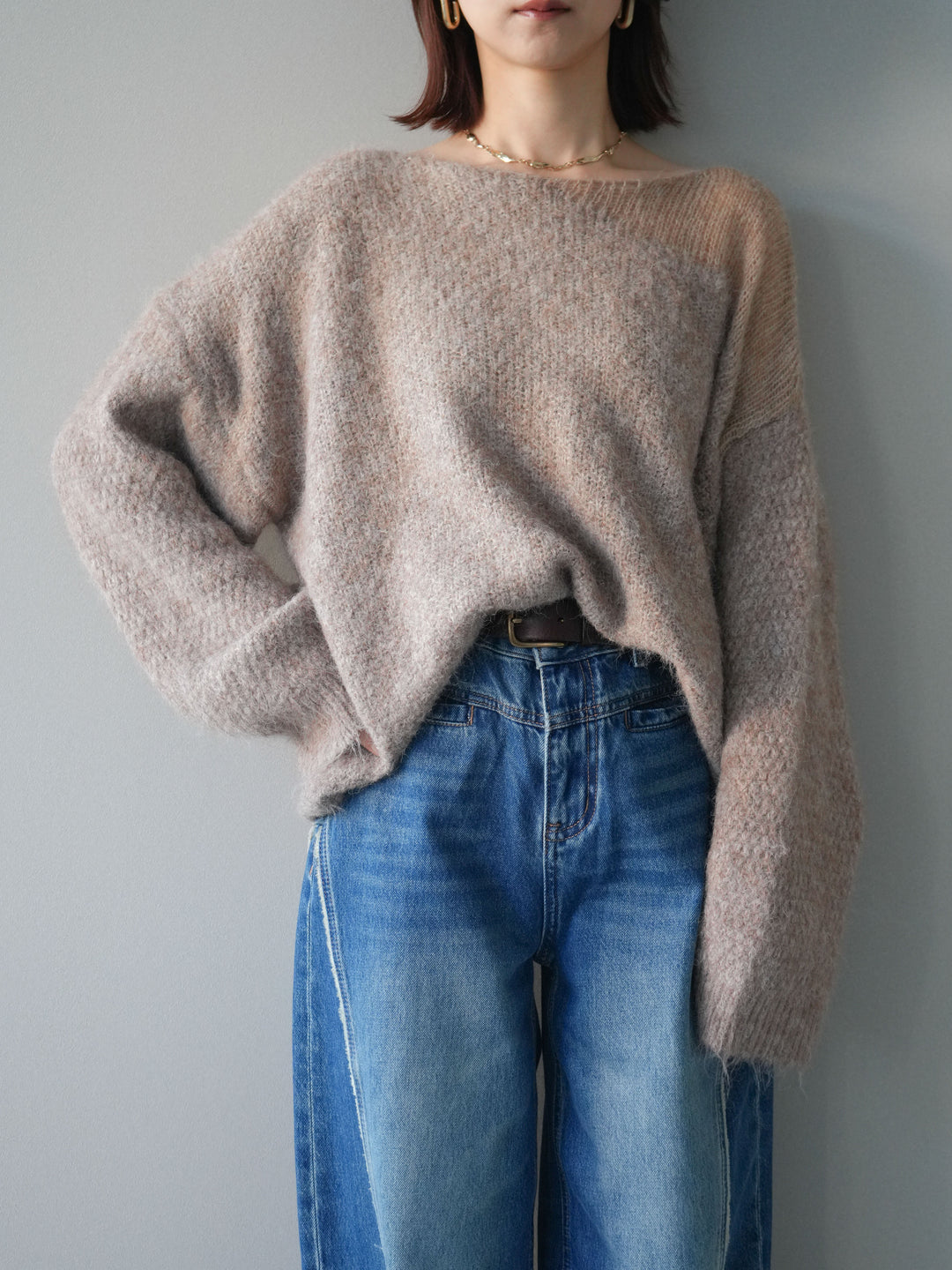 [SET]透かしデザインニットプルオーバー+サイドフリンジワイドデニムパンツ(2set)