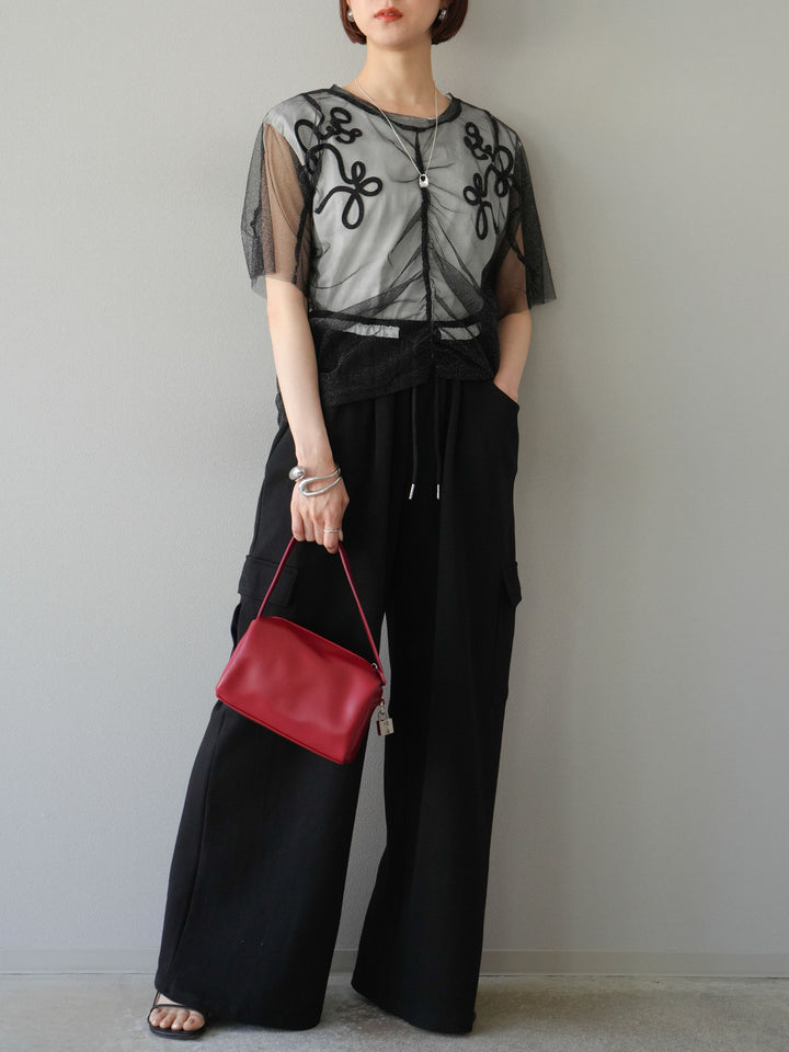 [SET]ラメチュールシャーリングプルオーバー+コード刺繍フレンチスリーブTシャツ+ウエストラインサイドポケットスウェットパンツ(3set)