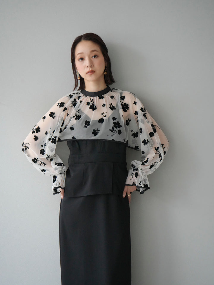 [予約]チュールフラワーフロッキーショートブラウス/ホワイト