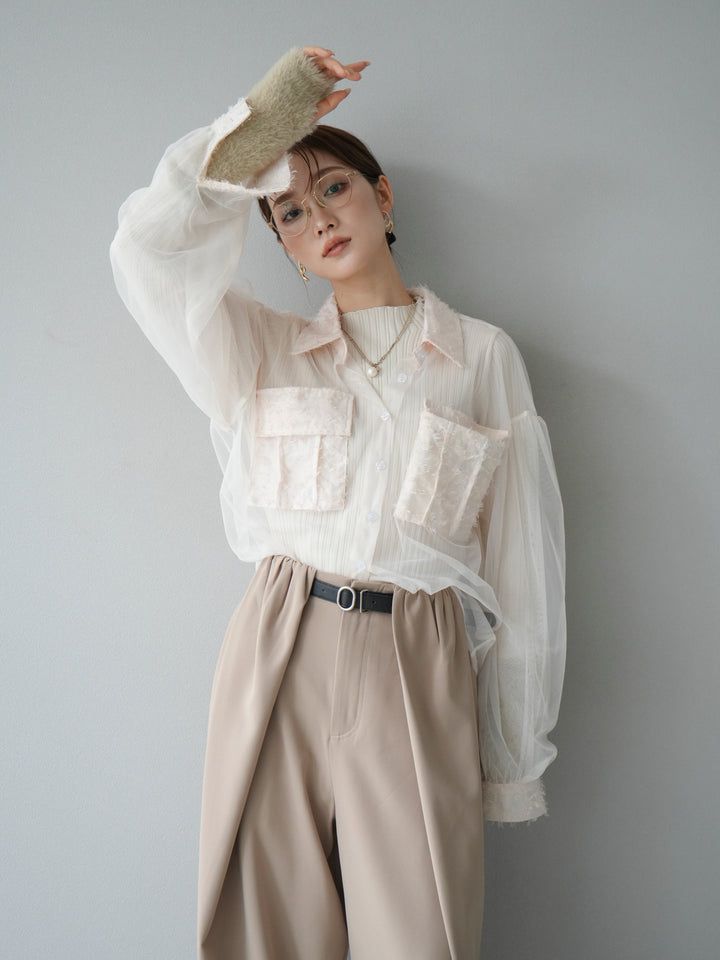 [予約]フリンジジャガード×チュールレイヤードシャツ/アイボリー