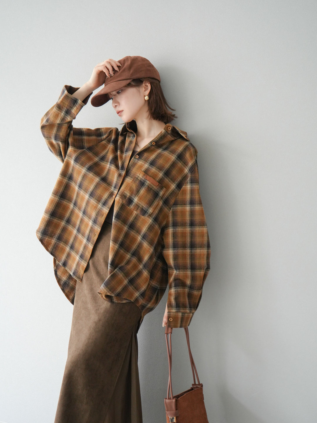 [予約]起毛チェックオーバーシャツ/キャメル