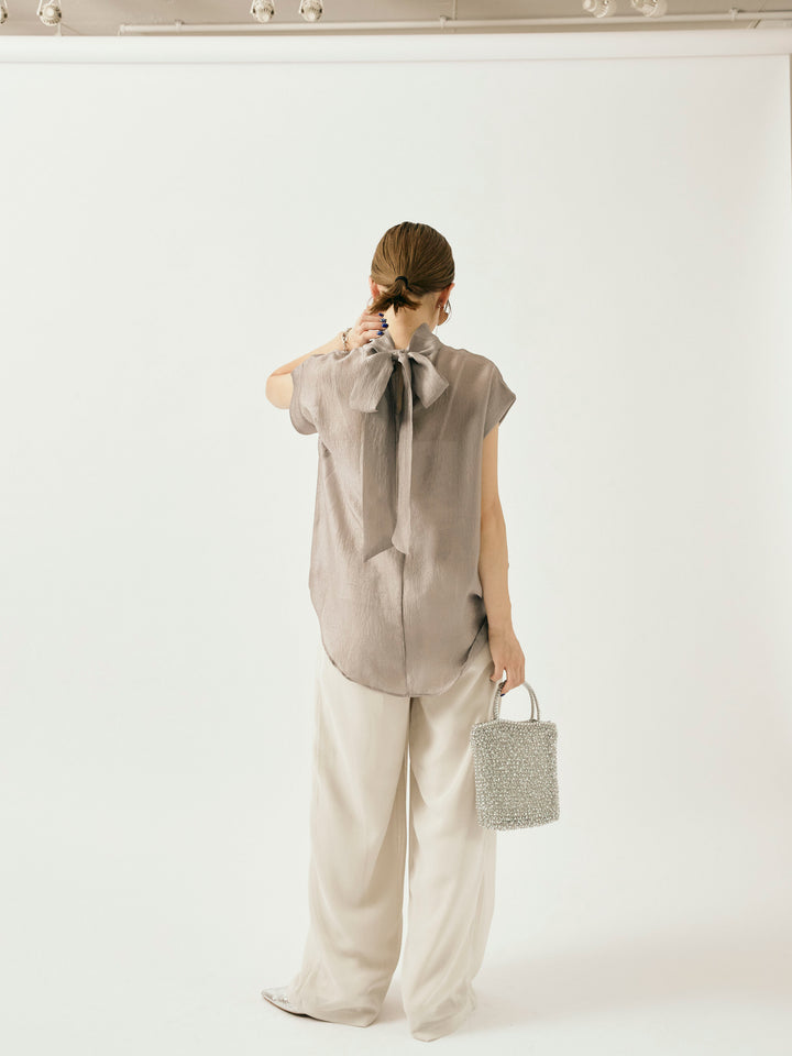 【Allure】[SET]シャイニーシアーブラウス+メッシュタックワイドパンツ(2set)