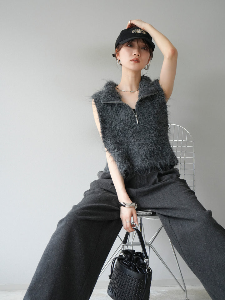 [予約]メランジブークレハーフジップニットベスト/チャコール