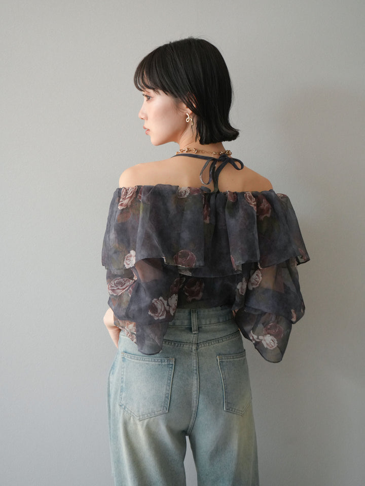 【預購】花朵露肩襯衫/藏青色