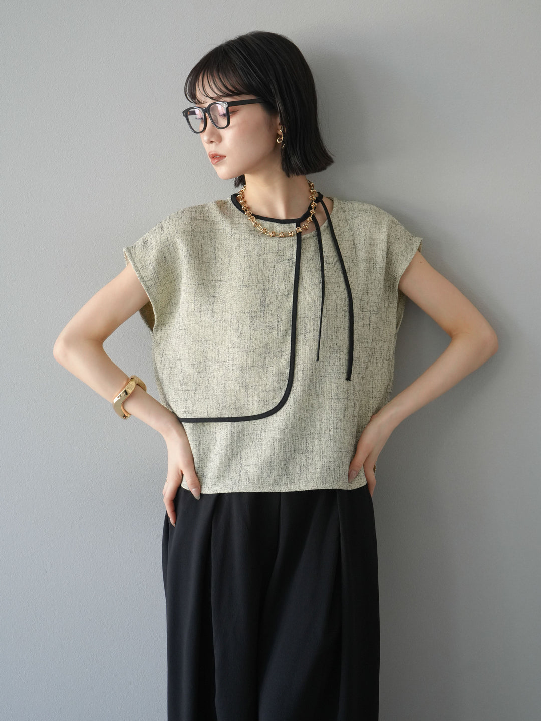 [SET]サマーツイードケープデザインプルオーバー+クレープシフォンタックワイドパンツ(2set)