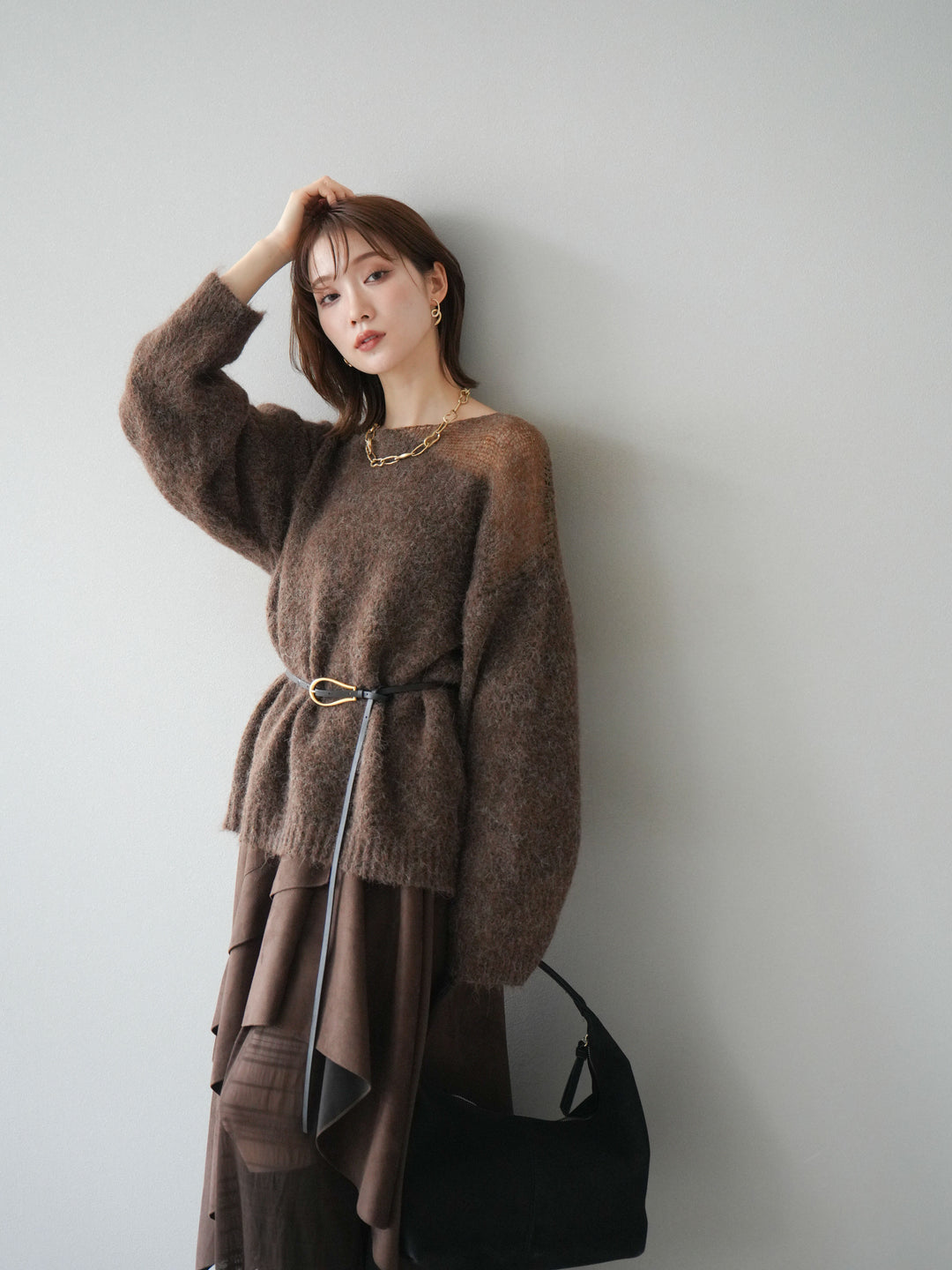 [SET]ネック透かし編みニットプルオーバー+選べるアクセセット(2set)