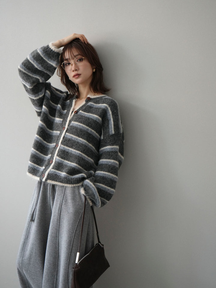 [SET]ウールタッチ配色ボーダーニットカーディガン+ウエストベルトカーブラインスエットパンツ(2set)