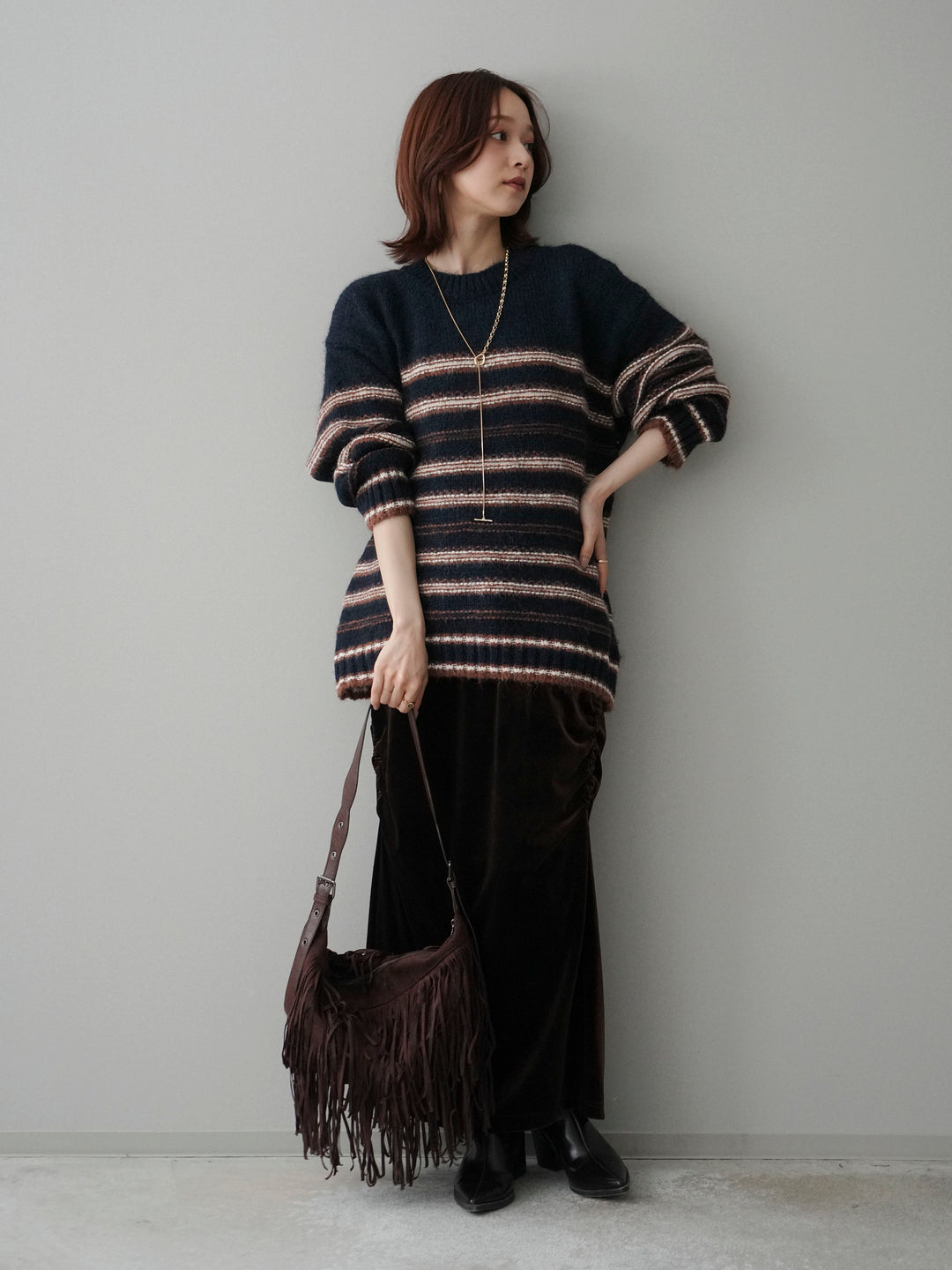 [SET]ステッチボーダーニットプルオーバー+ギャザーベロアスカート(2set)