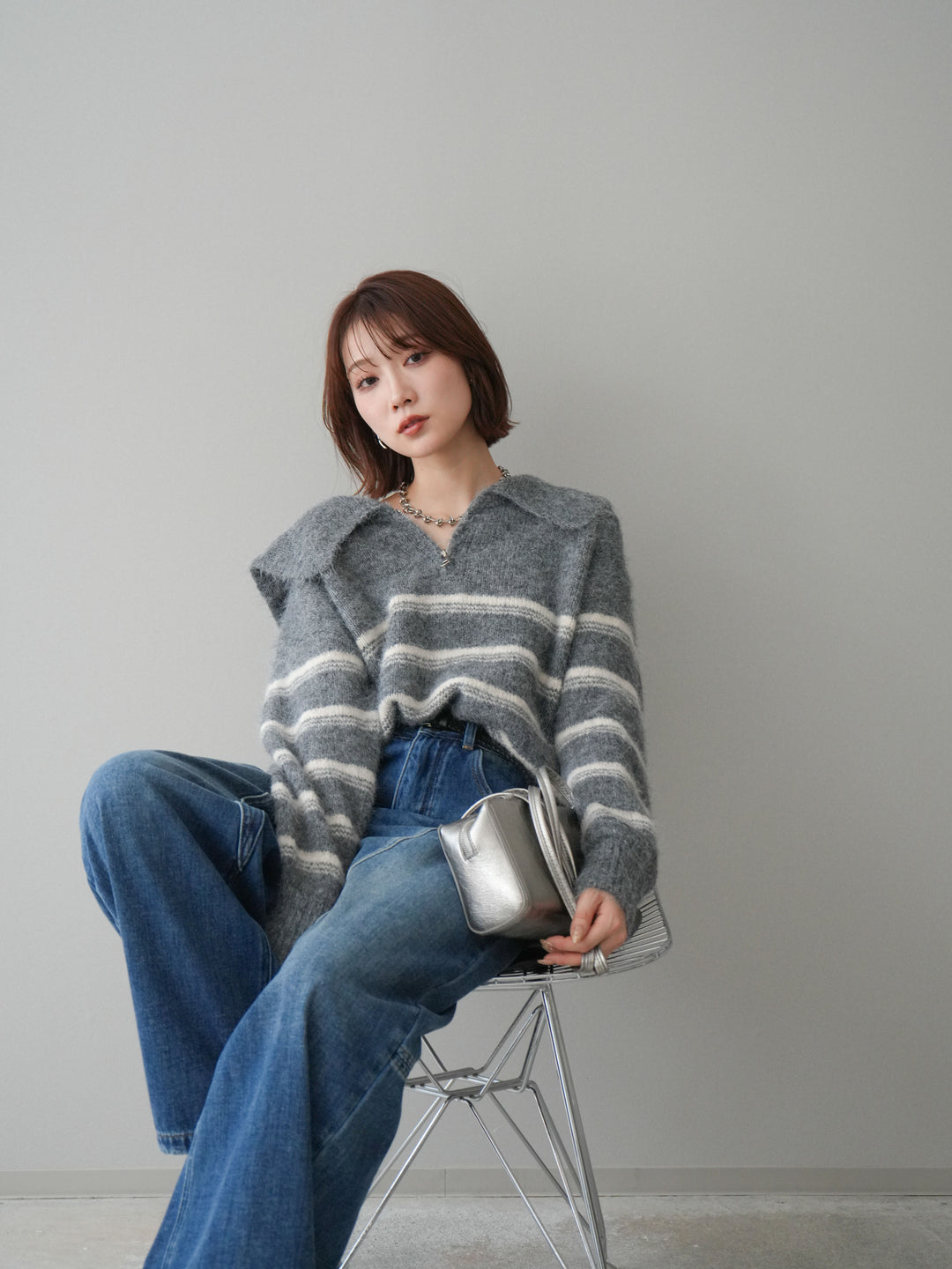 [予約]ハーフジップボーダーニットプルオーバー/gray