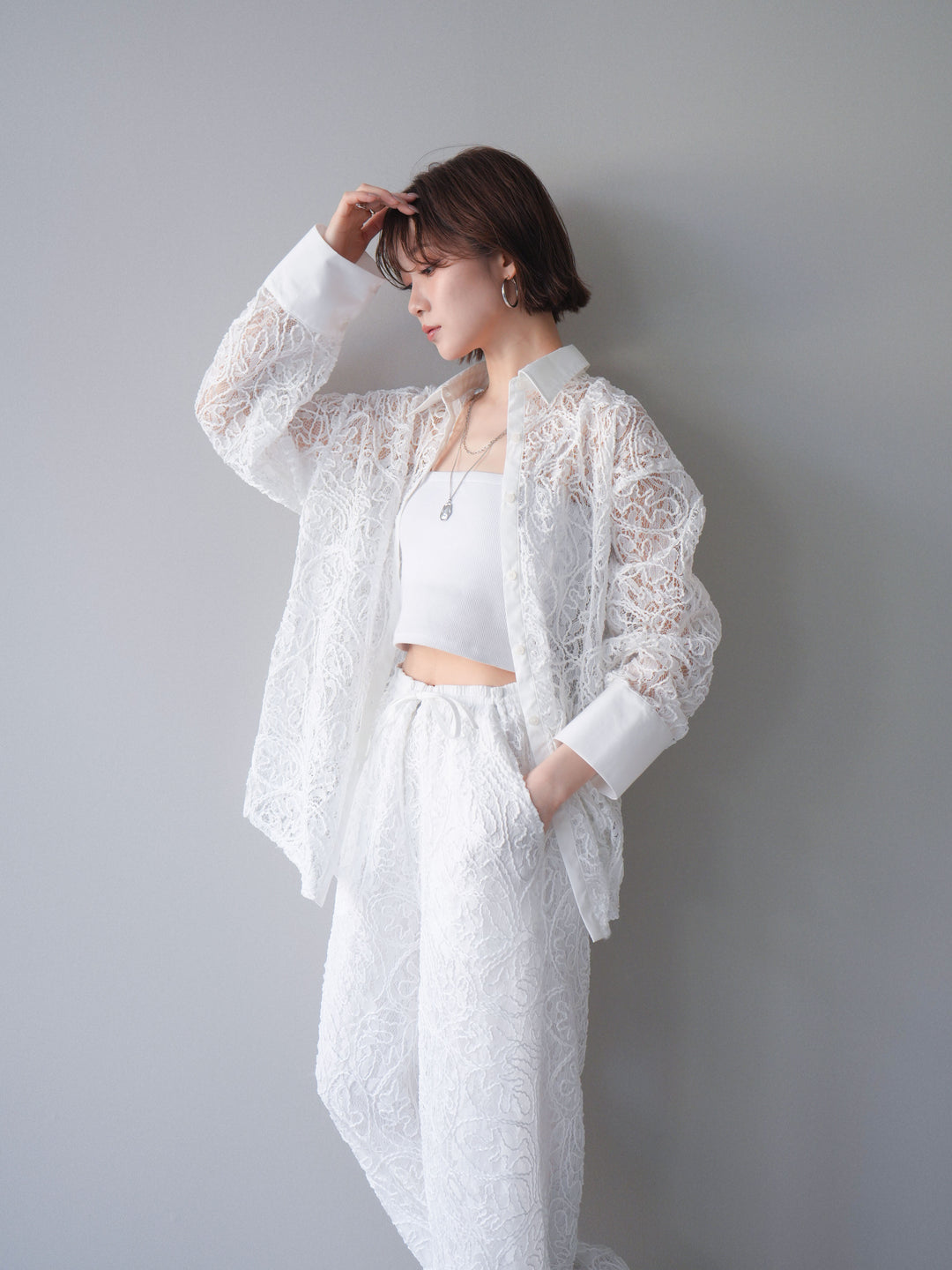 [SET]シアーコードレースオーバーシャツ+シアーコードレースイージーパンツ(2set)