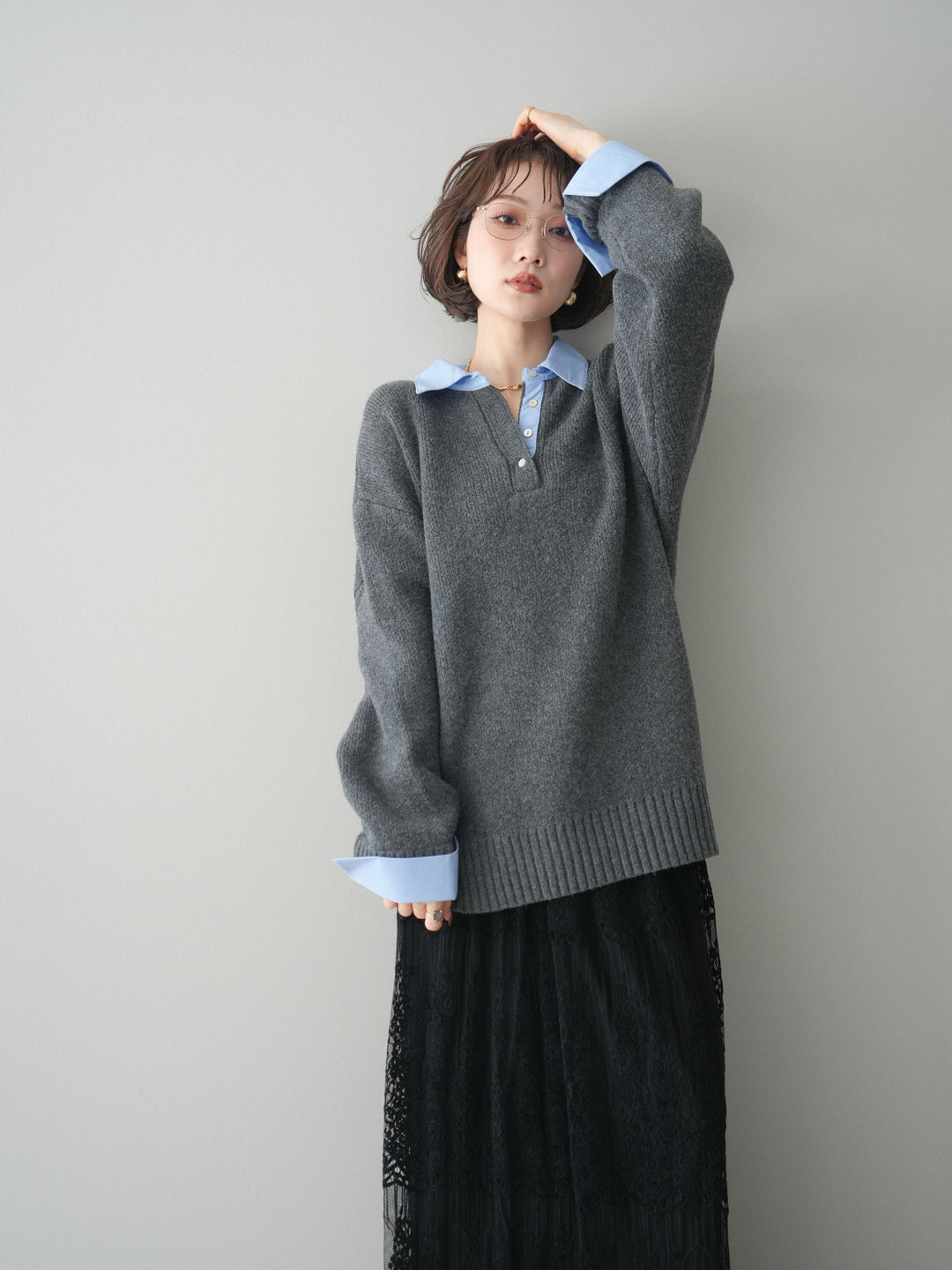 [予約]シャツドッキングオーバーニットプルオーバー/charcoalsax