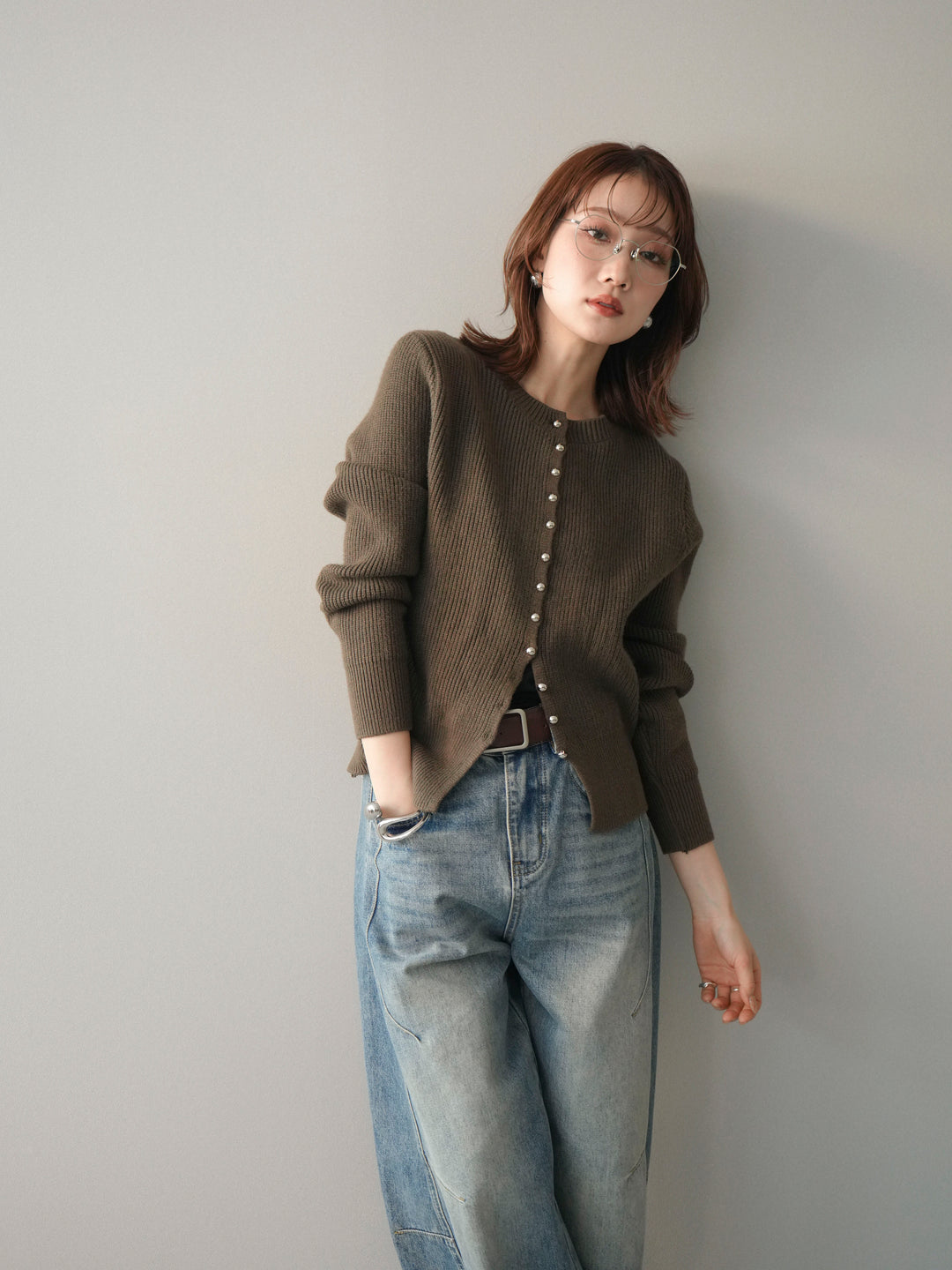 [予約]シルバーボタン畦編みニットカーディガン/brown