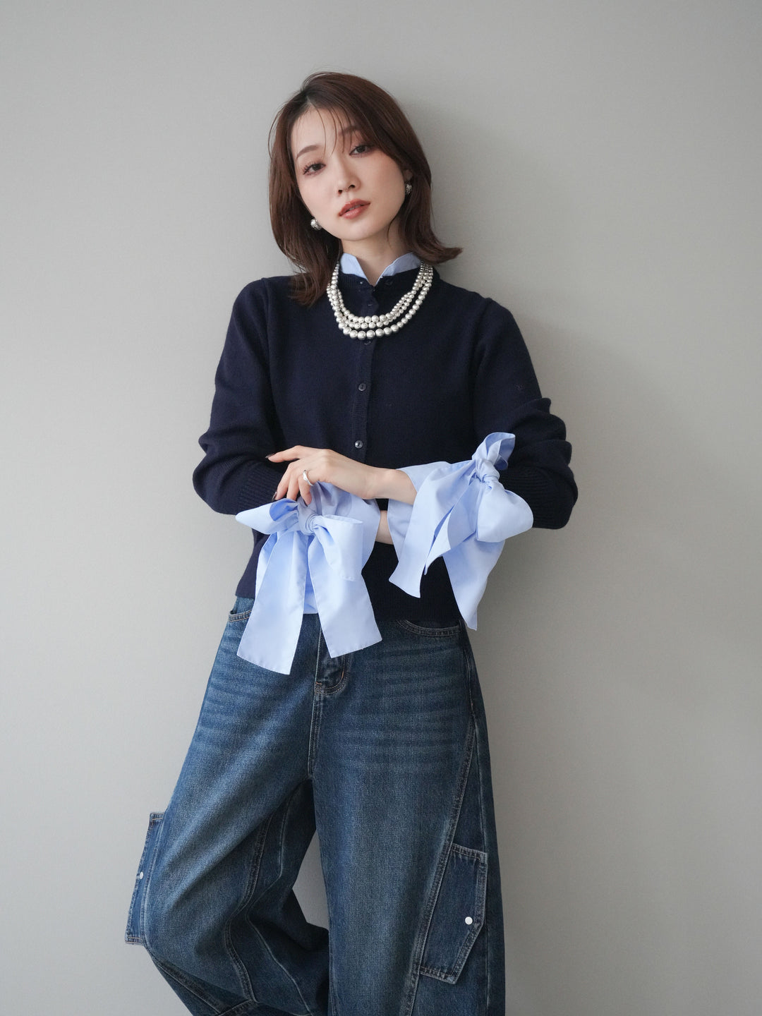 [予約]ウールライクリボンシャツカーディガン/navy