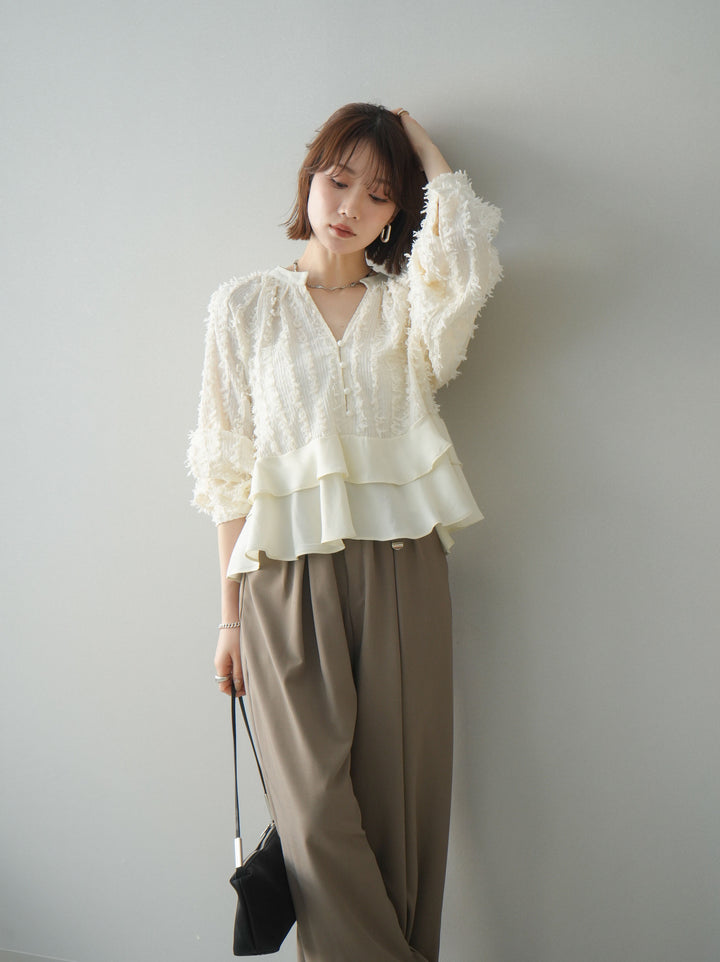 [SET]ジャガードぺプラムフリルブラウス+ジャガードぺプラムフリルブラウス(2set)