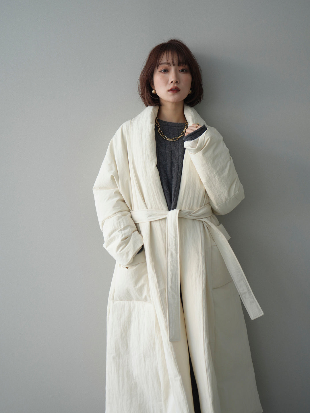 [SET]ストール付ケーブルニットプルオーバー&ロングスカートSET UP+ロングダウンコート(2set)