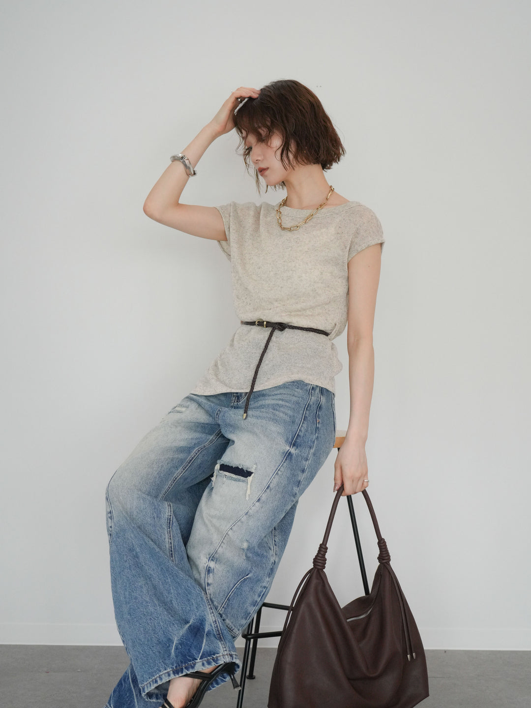 [予約]ベルト付アシメシアーニットトップス/beige