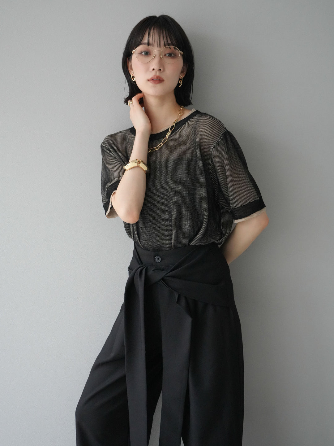 [SET]リネンタッチ配色二重臼ハーフニットトップス+ウエスト巻きデザインワイドパンツ(2set)