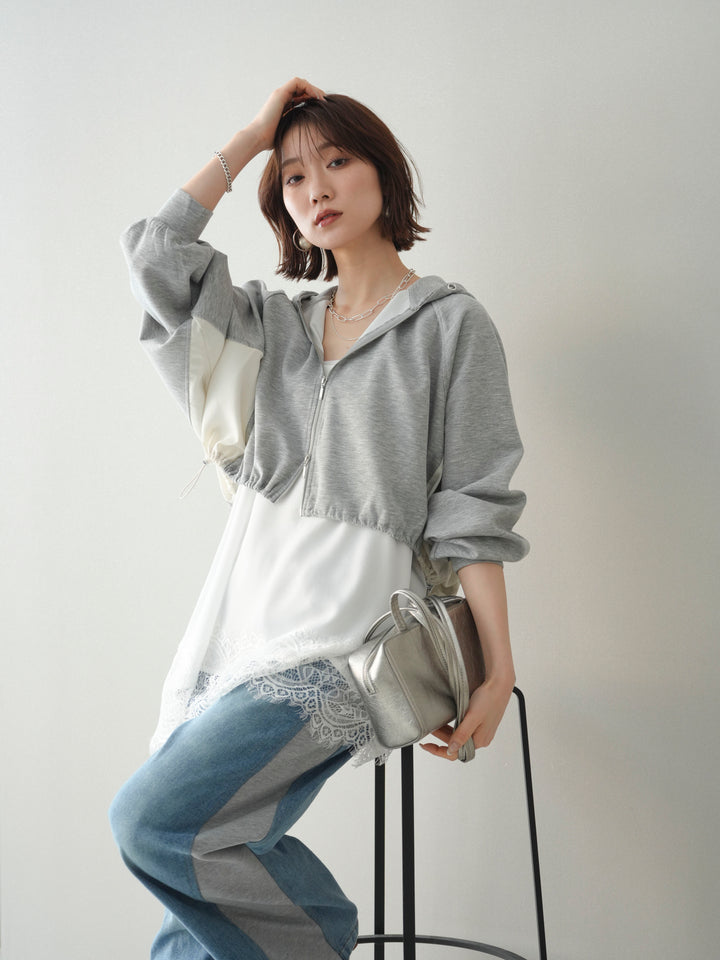 [予約]バイカラー異素材ライトポンチクロップドZIPフーディー/gray