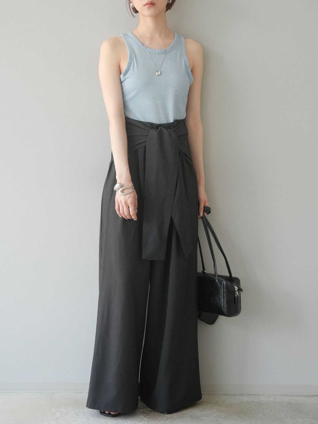 【預購】條紋裹腰闊腿褲/黑色