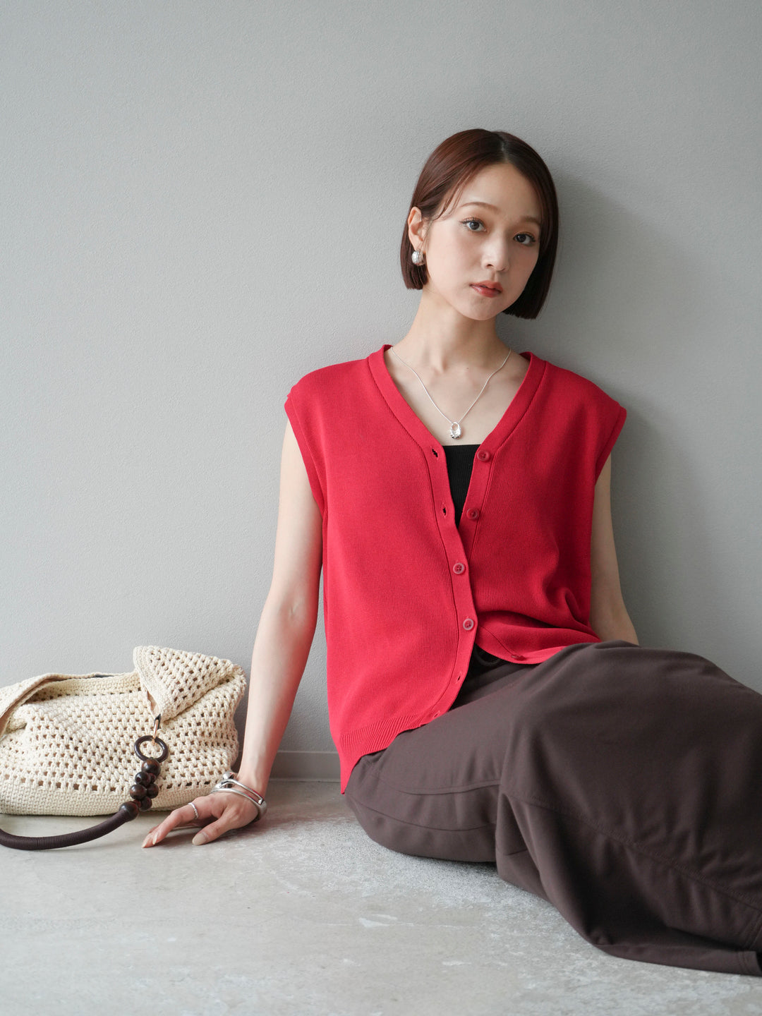 [SET]Vネックレーヨンニットベスト+スウェットロングスカート(2set)