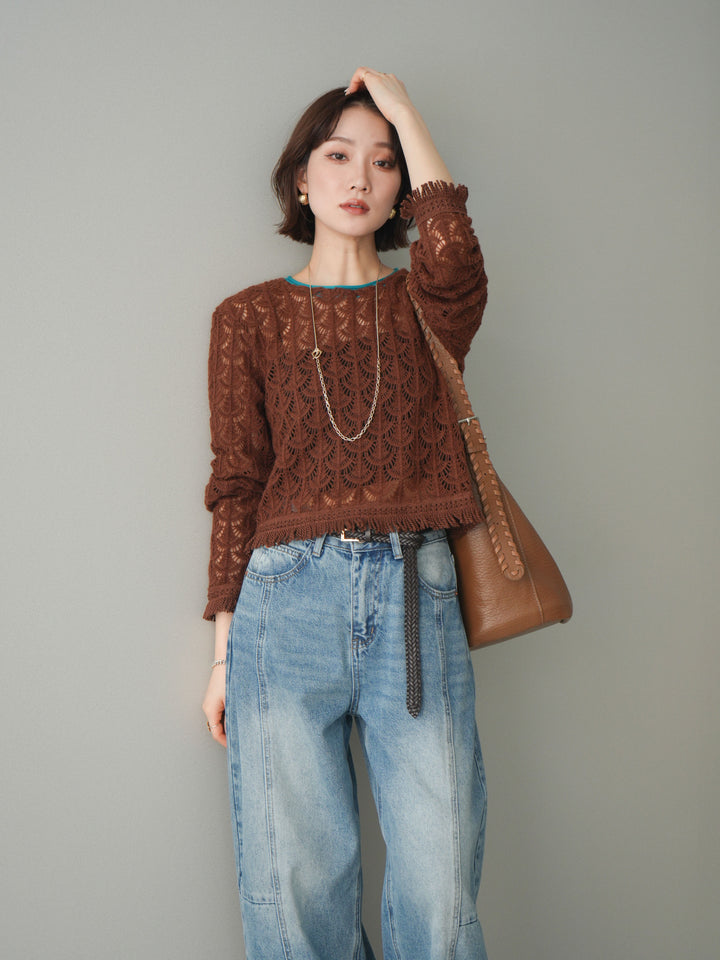[予約]扇透かし編みクロップドニットプルオーバー/brown