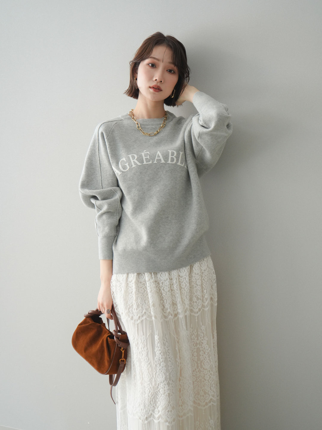 [予約]半ラバープリントロゴスウェットライクニットプルオーバー/mokugray