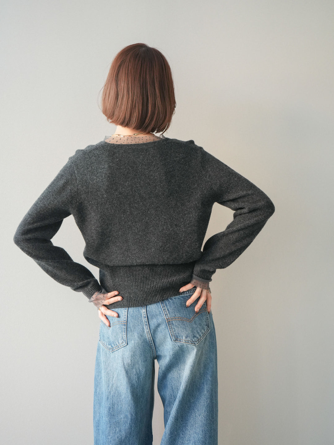 [SET]ドットチュールレイヤードボタンニットトップス+選べるアクセセット(2set)