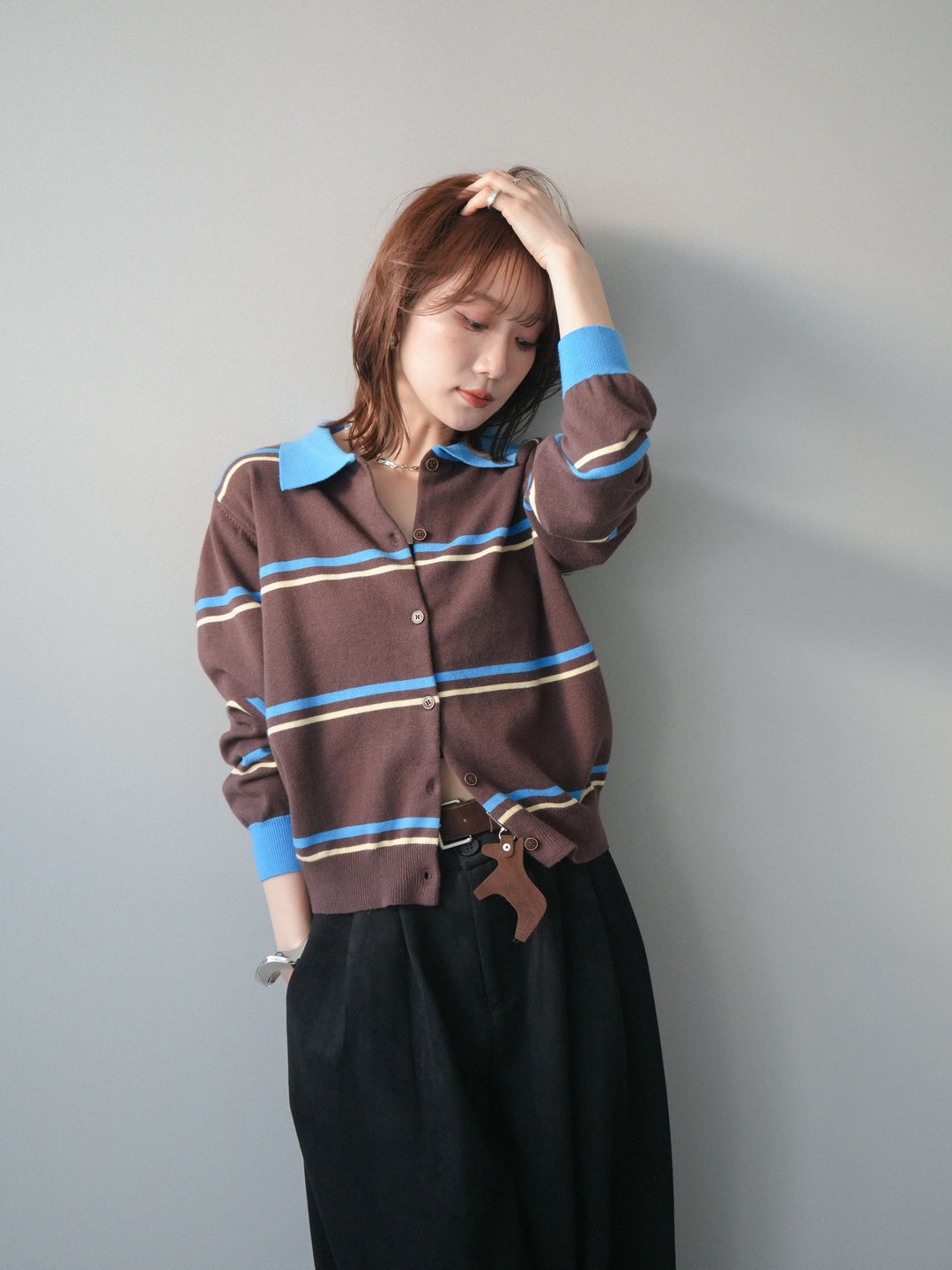 [予約]配色マルチボーダーポロニットカーディガン/brown