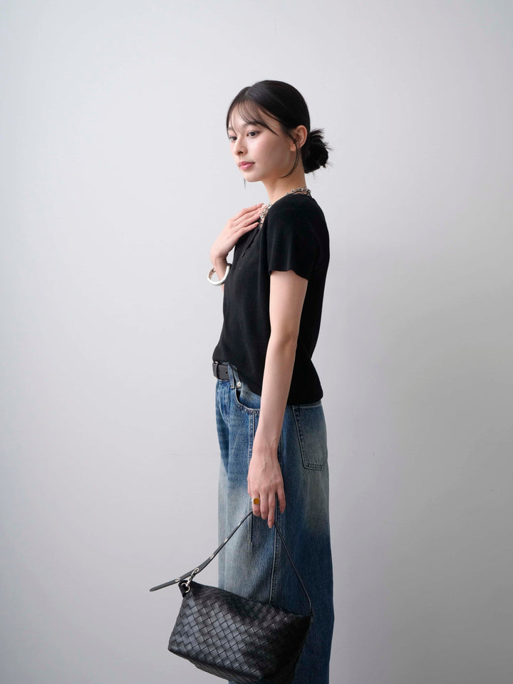 [SET]チュールレーヤードヘンリーフレンチニットトップス+立体カーブデニムパンツ(2set)
