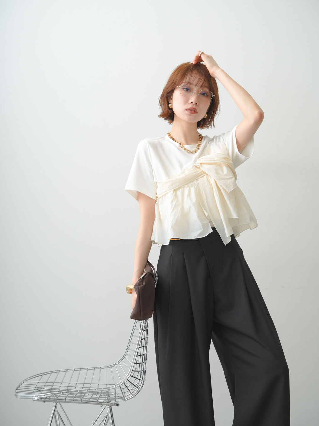 [SET]ナイロンドッキングツイストTEE +アシンメトリーベルトタックワイドパンツ(2set)