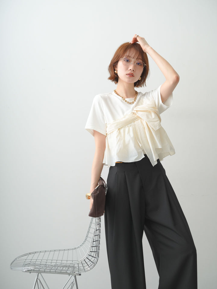 [SET]ナイロンドッキングツイストTEE +アシンメトリーベルトタックワイドパンツ(2set)