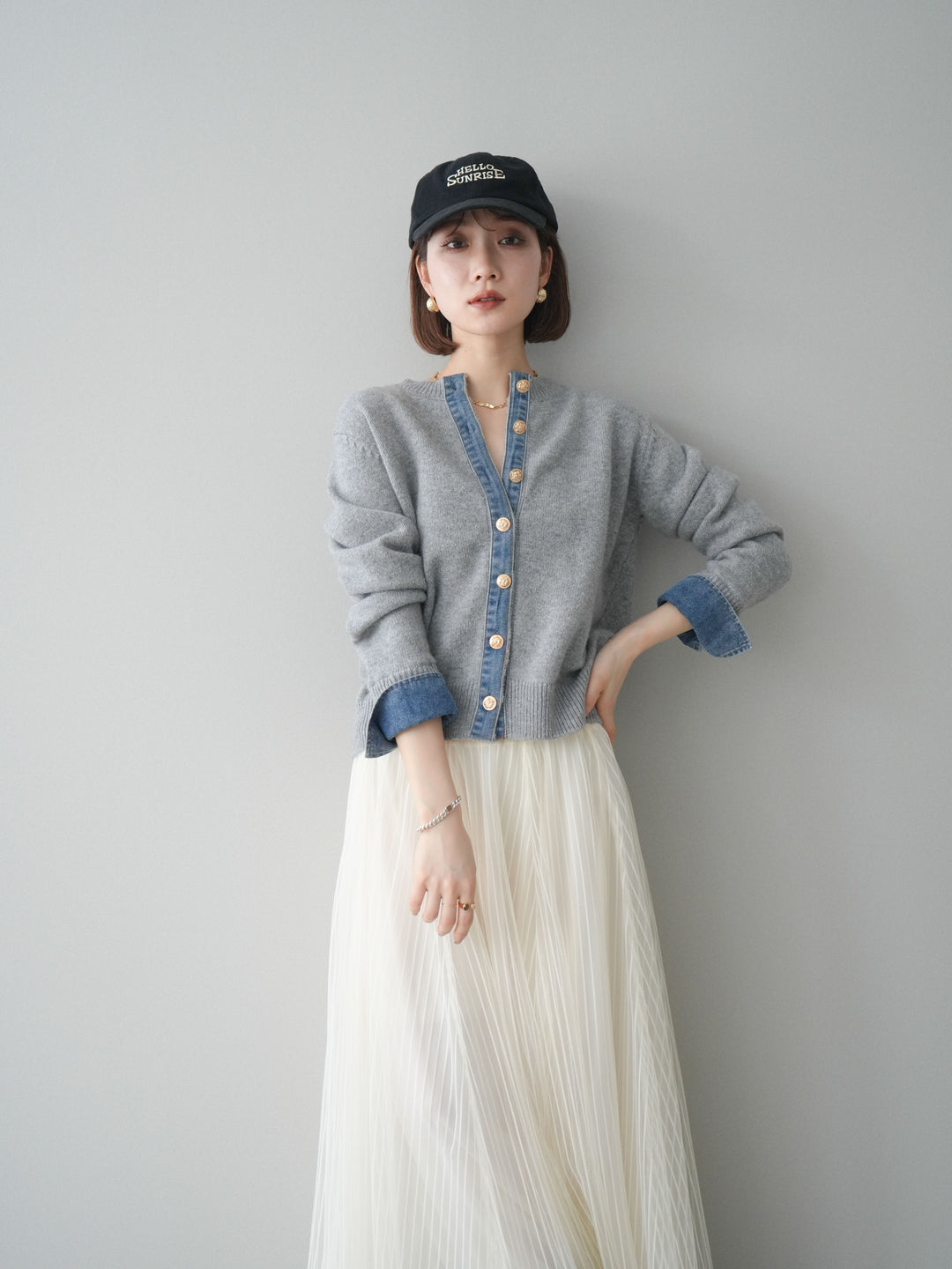 [SET]クルーネックデニムドッキングニットカーディガン+選べるアクセセット(2set)