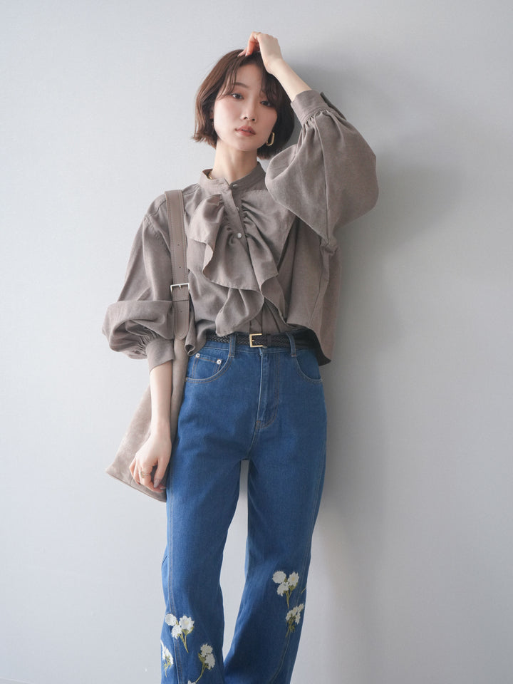 [SET]ラッフルフレアショートブラウス+フラワー刺繍ストレートデニム(2set)