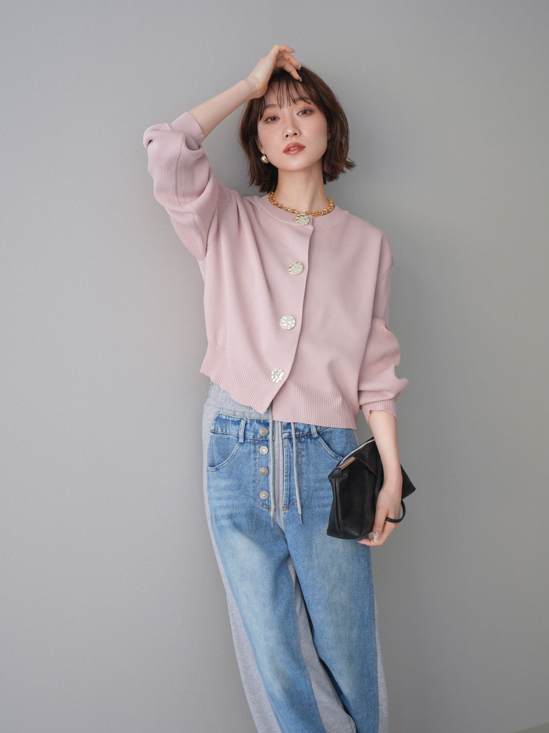 [SET]メタルボタンクルーネックニットカーディガン+選べるアクセセット(2set)