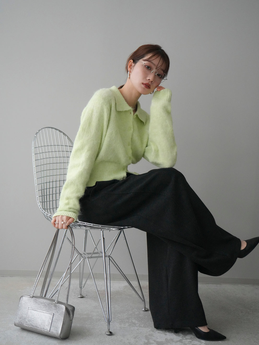 [予約]モヘア衿付きボタンプルオーバー/lime