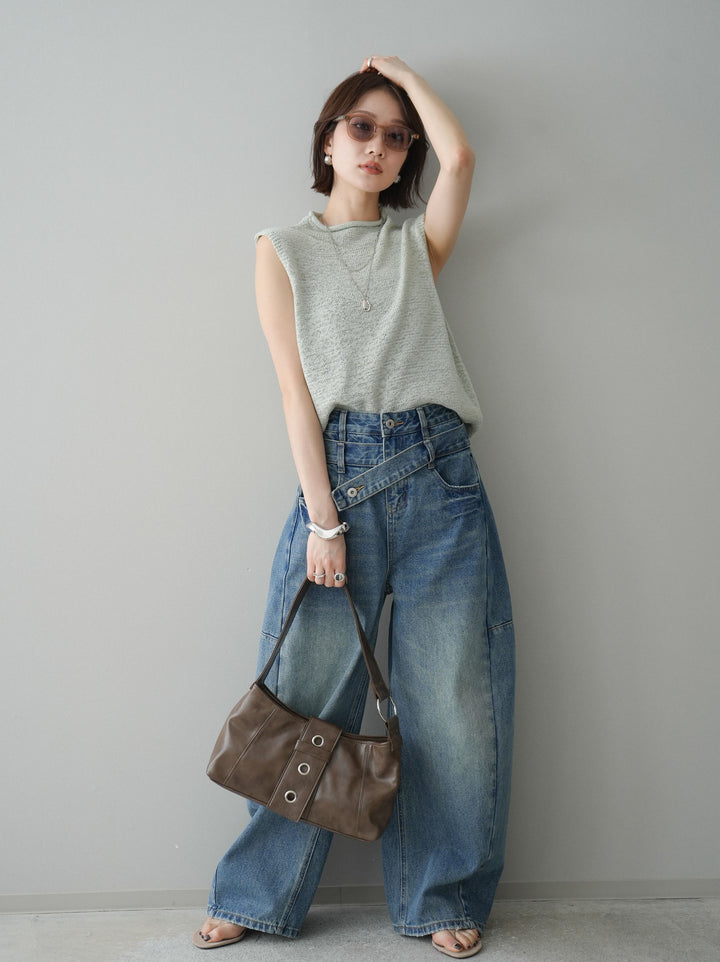 【套裝】無袖亞麻質感透視針織套頭衫 + 不對稱闊腿牛仔褲（兩件套）