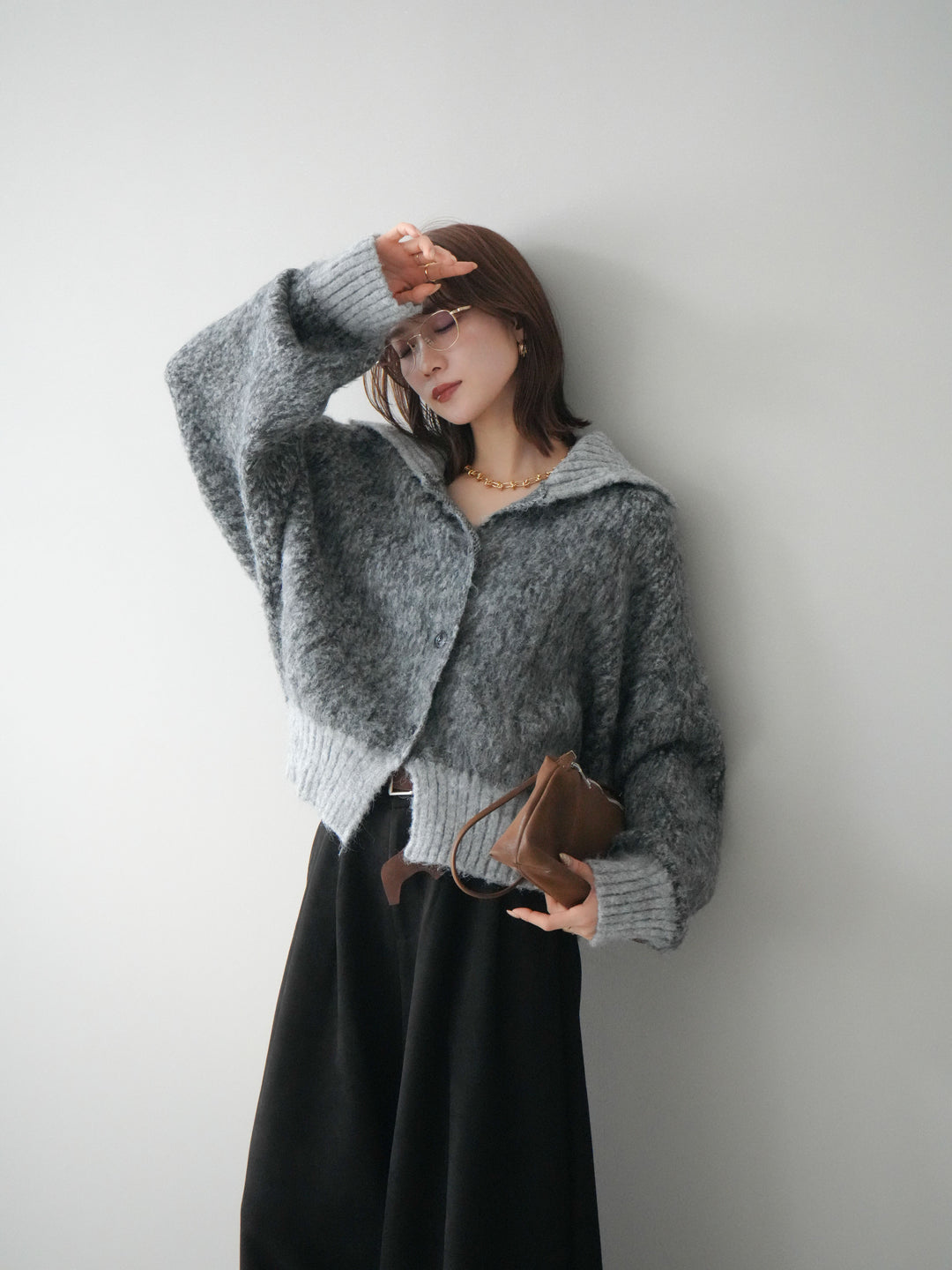 [SET]リブ切替メランジニットカーディガン+モチーフベルト付スエードタックワイドパンツ(2set)