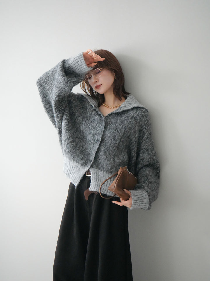 [SET]リブ切替メランジニットカーディガン+モチーフベルト付スエードタックワイドパンツ(2set)