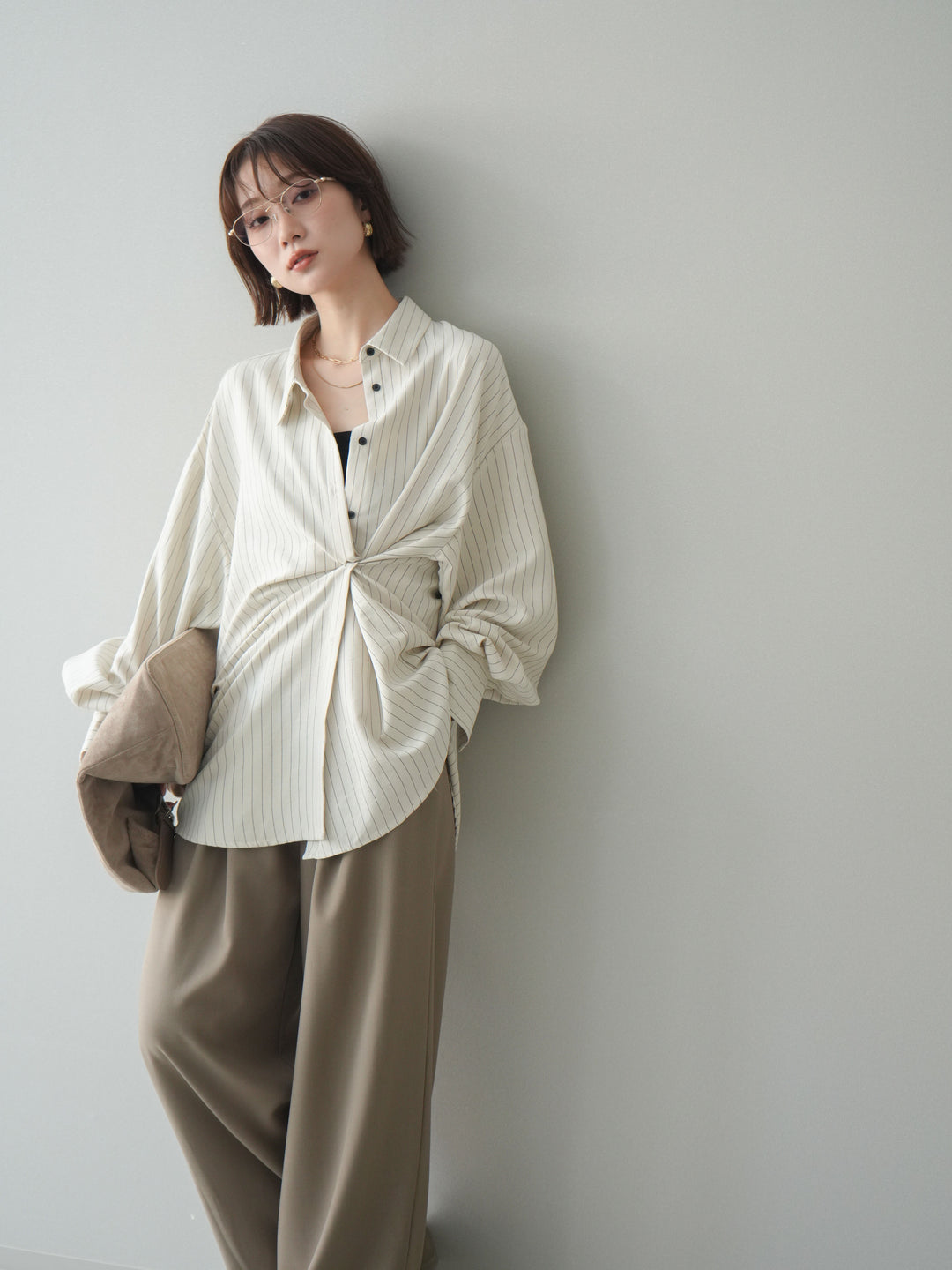 [SET]2WAYカシュクールストライプブラウス+ベルト付キーホルダーモチーフワイドパンツ(2set)