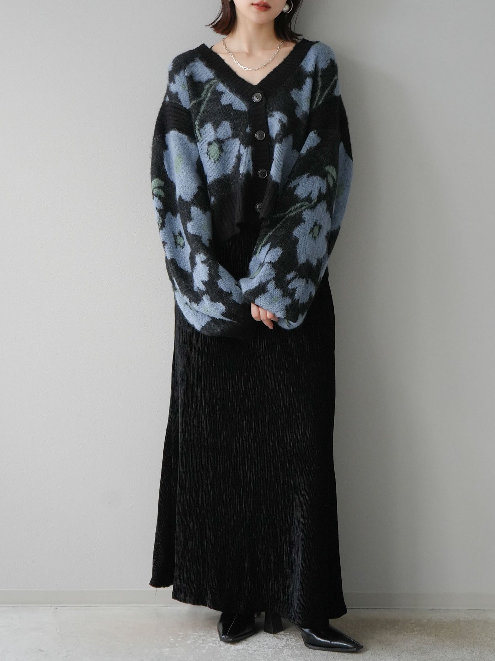 SET]フラワー柄クロップドニットカーディガン+フラワー柄