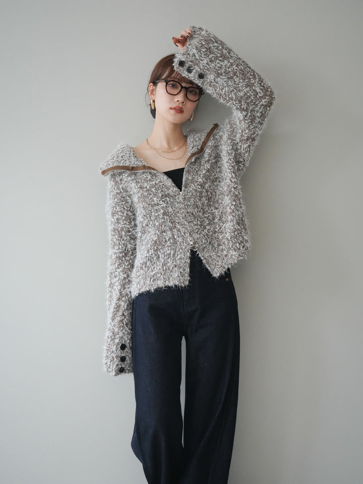 [予約]ミックスシャギージップニットカーディガン/brown