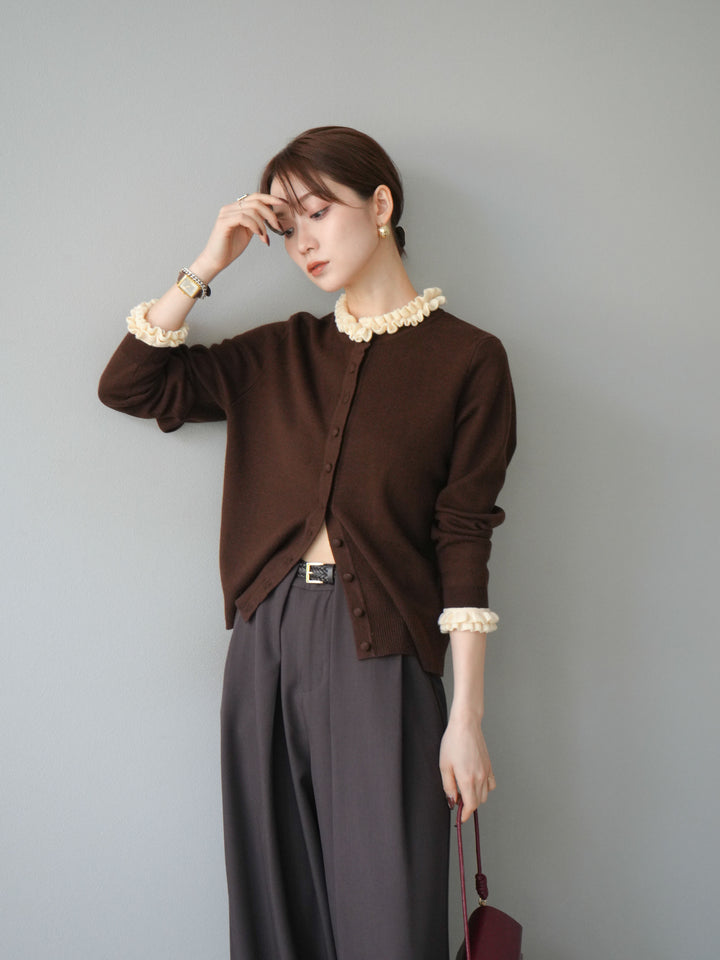 [予約]フリルデザインコンパクトニットカーディガン/ブラウン