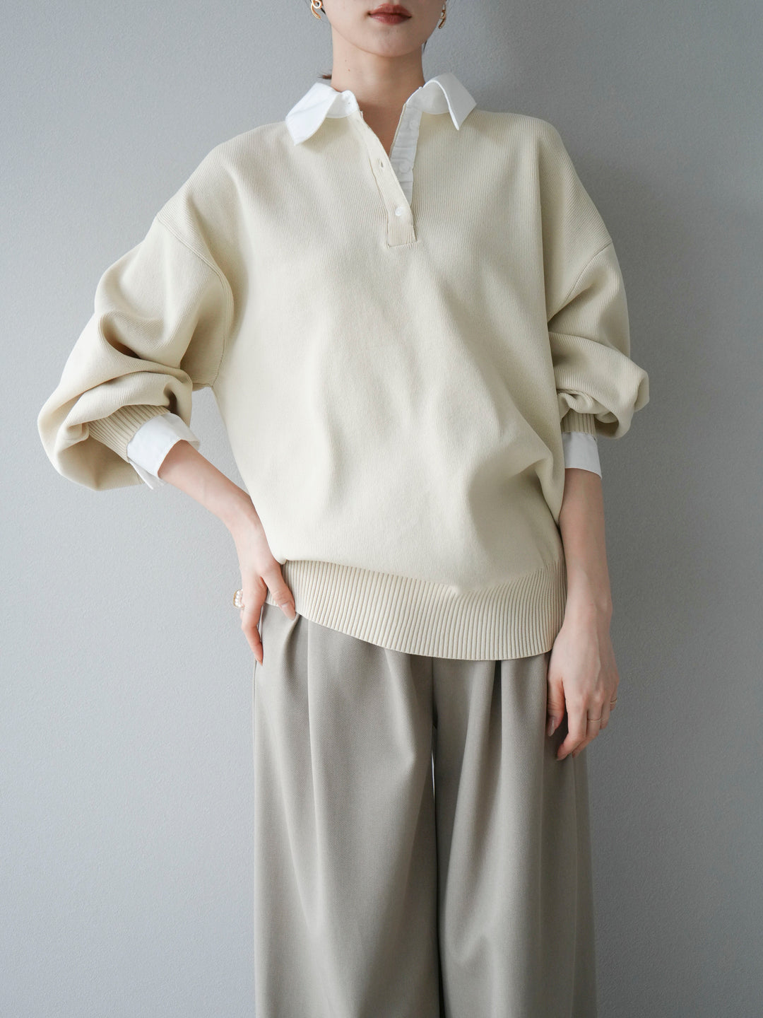 【SET】翻領polo針織套衫+雙褶闊腿褲（2件組）